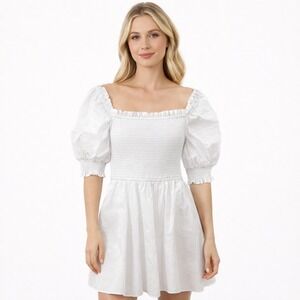 Francesca's White Smocked Mini Dress Puff‎ Sleeve Square Neck Cotton XS NWT